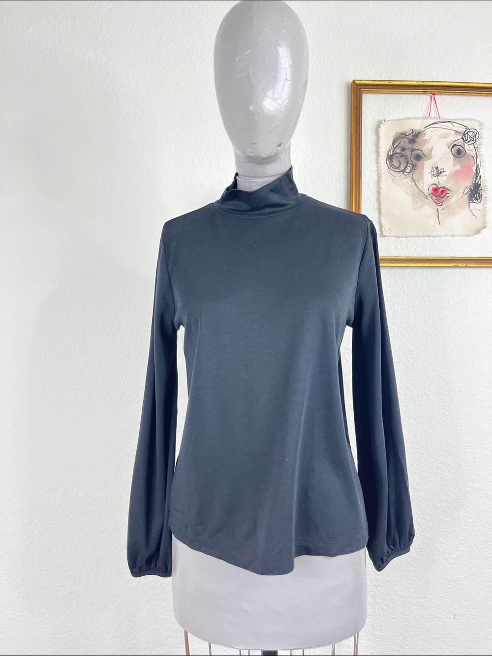 APC Mock Neck Black Long Sleeve Top Blouson Sleeve